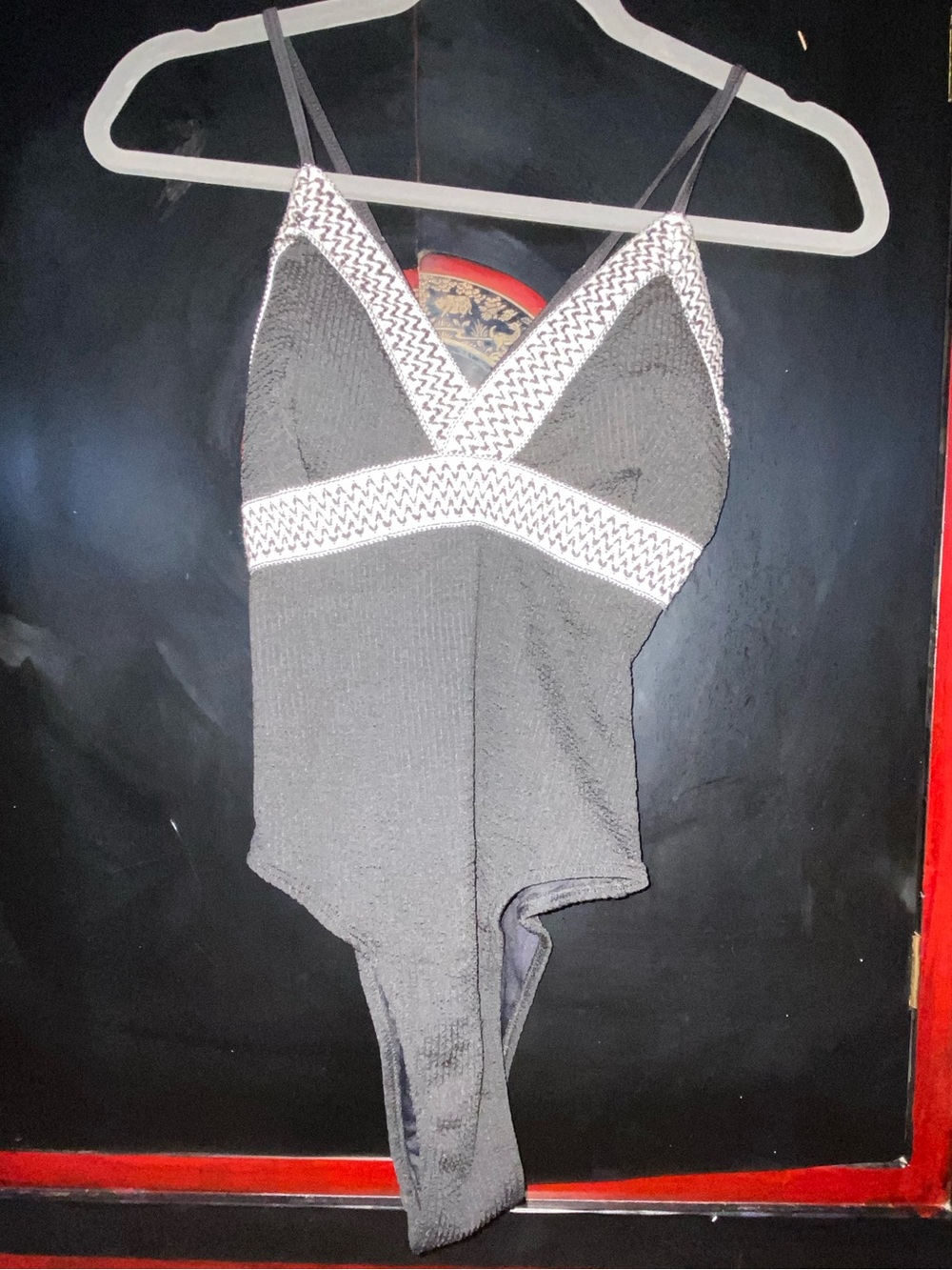 Cupshe Black One-Piece Swimsuit with beige trim, size medium